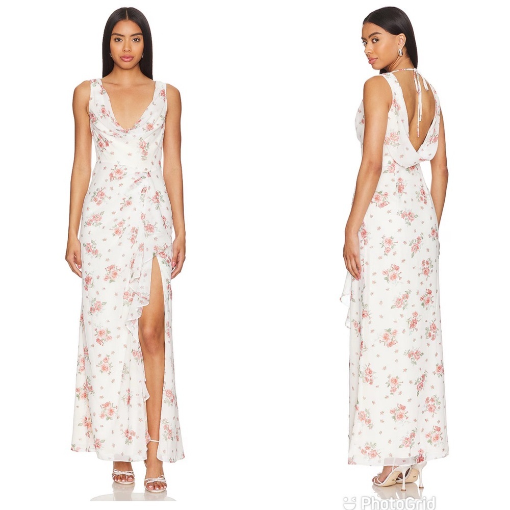 LPA Liv Draped Maxi Dress in Cream & Clay Floral